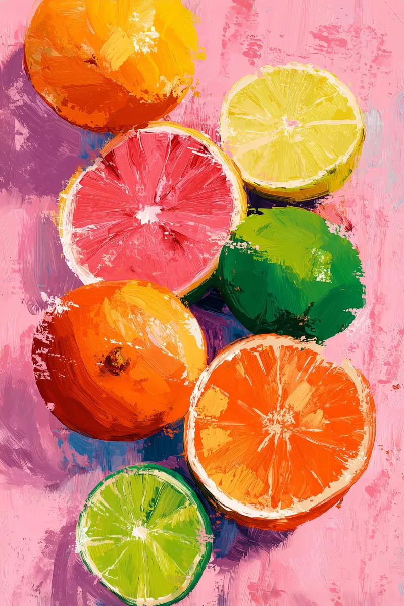 Nahaufnahme eines bunten Bildes mit aufgeschnittenen Zitrusfrüchten wie Grapefruit, Orangen, Zitronen und Limetten im Ölmalerei-Stil auf pinkem Hintergrund.