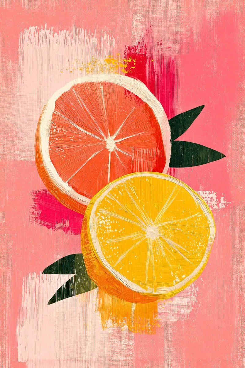 Nahaufnahme von aufgeschnittenen Grapefruit- und Zitronenscheiben im Acryl-Stil auf einem strukturierten pinken Hintergrund.